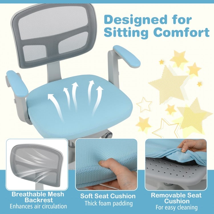 Kids desk chair with adjustable height, breathable mesh backrest, and soft removable seat cushion for comfort.