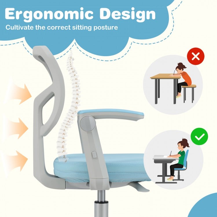 Kids desk chair in blue with ergonomic design, adjustable height armrest, and footrest for comfortable study sessions.