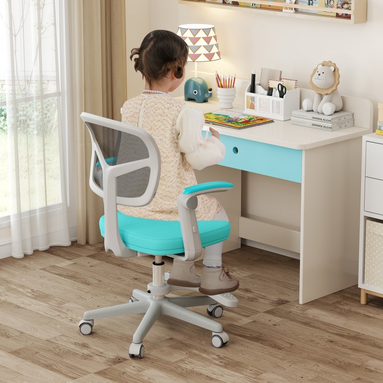 Kids desk chair in green with adjustable height, armrests, and footrest, designed for comfort and ergonomic support.