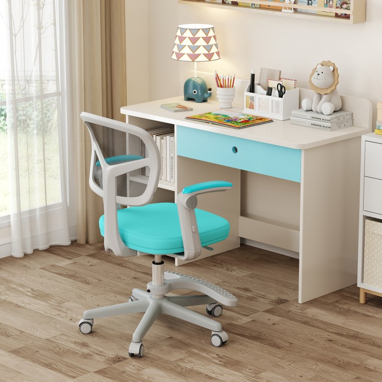 Kids desk chair with adjustable height, armrests, and footrest in green, designed for comfort and ergonomic support.