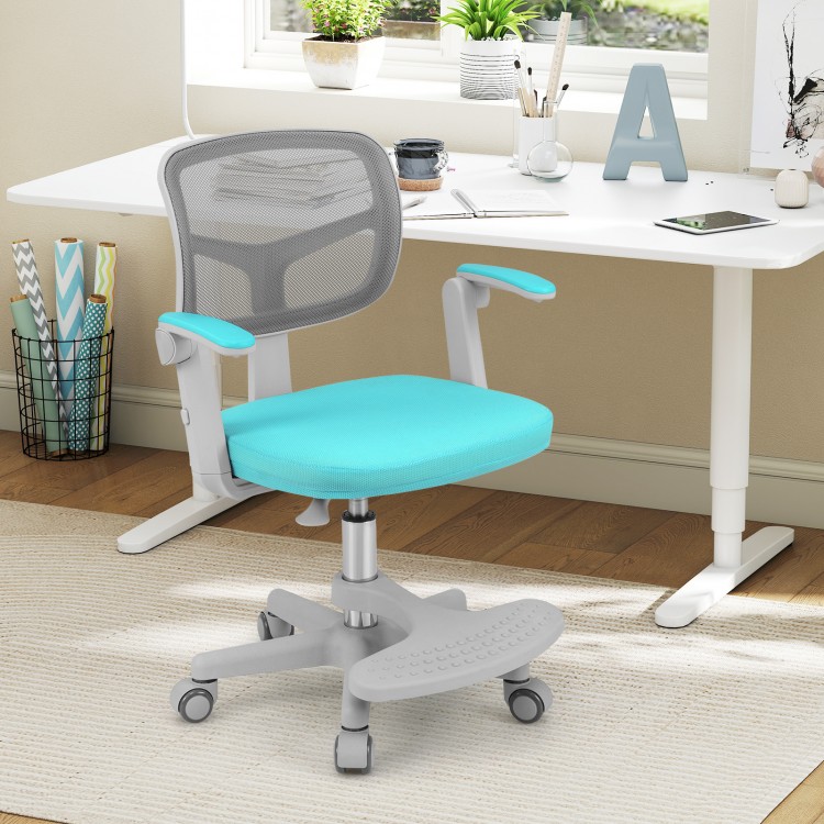 Kids desk chair with adjustable height, armrests, and footrest, featuring a padded seat and mesh backrest for comfort.
