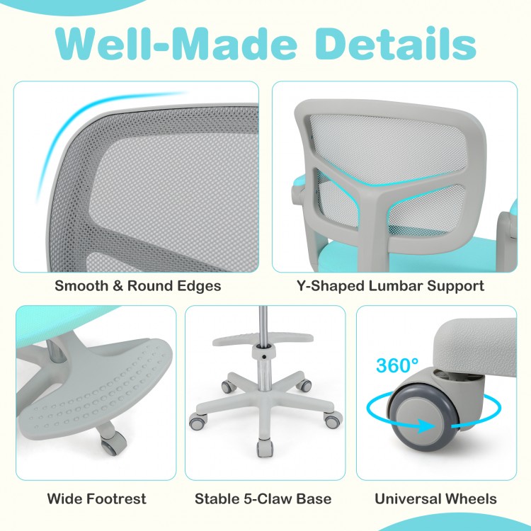 Kids desk chair features adjustable height, Y-shaped lumbar support, and universal wheels for easy movement.