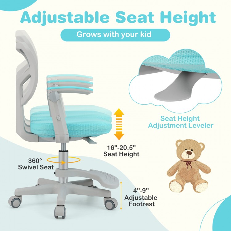 Kids desk chair with adjustable height, swivel seat, and footrest in green, designed for comfort and ergonomic support.