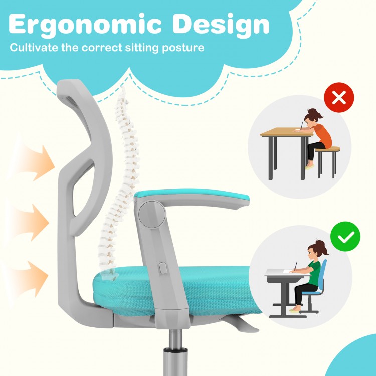 Kids desk chair with ergonomic design, adjustable height armrest and footrest, ideal for cultivating correct sitting.