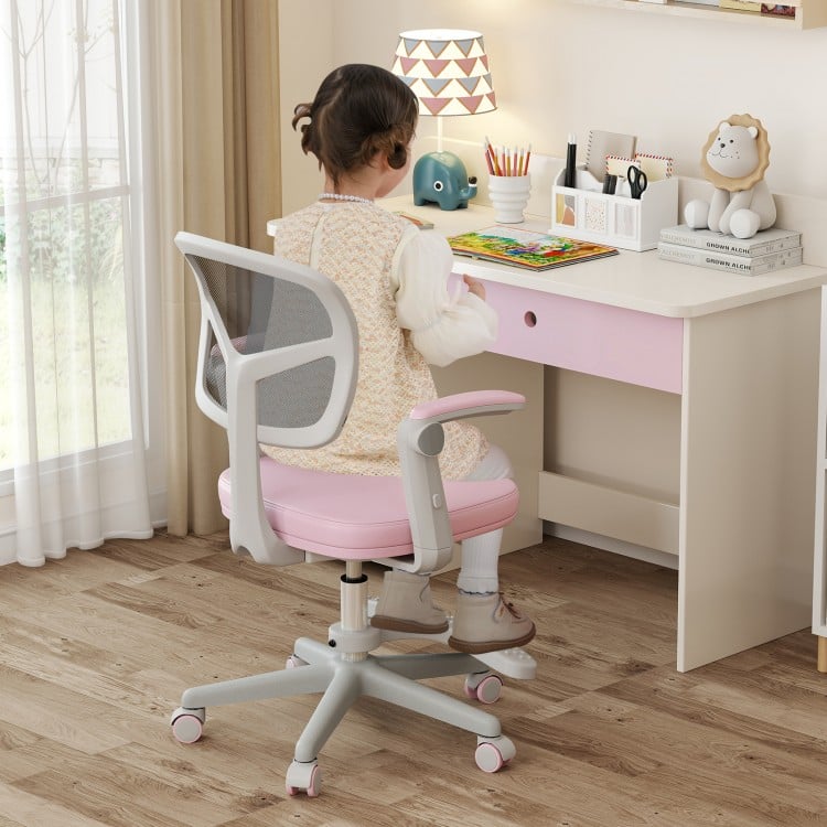 Kids desk chair in pink with adjustable height, armrests, and footrest, designed for comfort and ergonomic support.