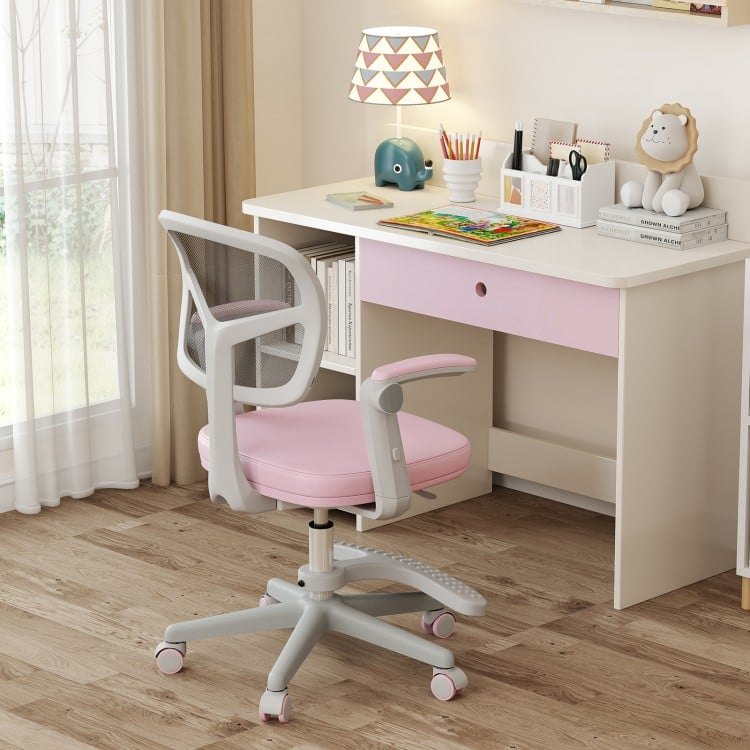 Pink kids desk chair showcasing adjustable height, swivel seat, and ergonomic design for comfortable study sessions.