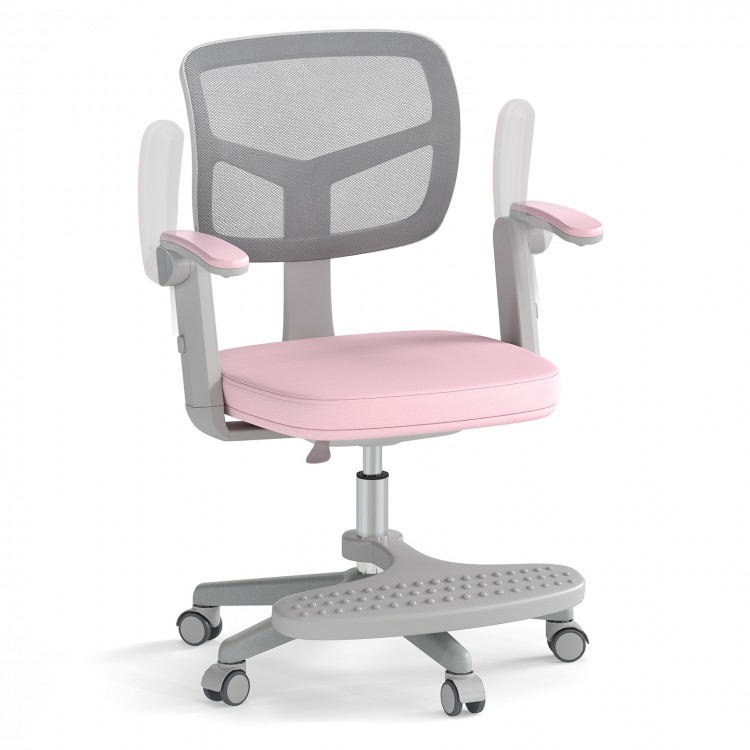 Pink kids desk chair featuring a padded seat cushion and wide footrest for comfort, with an adjustable height design.