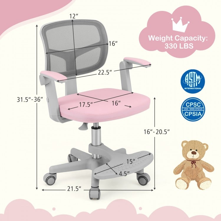 Kids desk chair in pink with adjustable height, armrests, and footrest for ergonomic study comfort and easy movement.