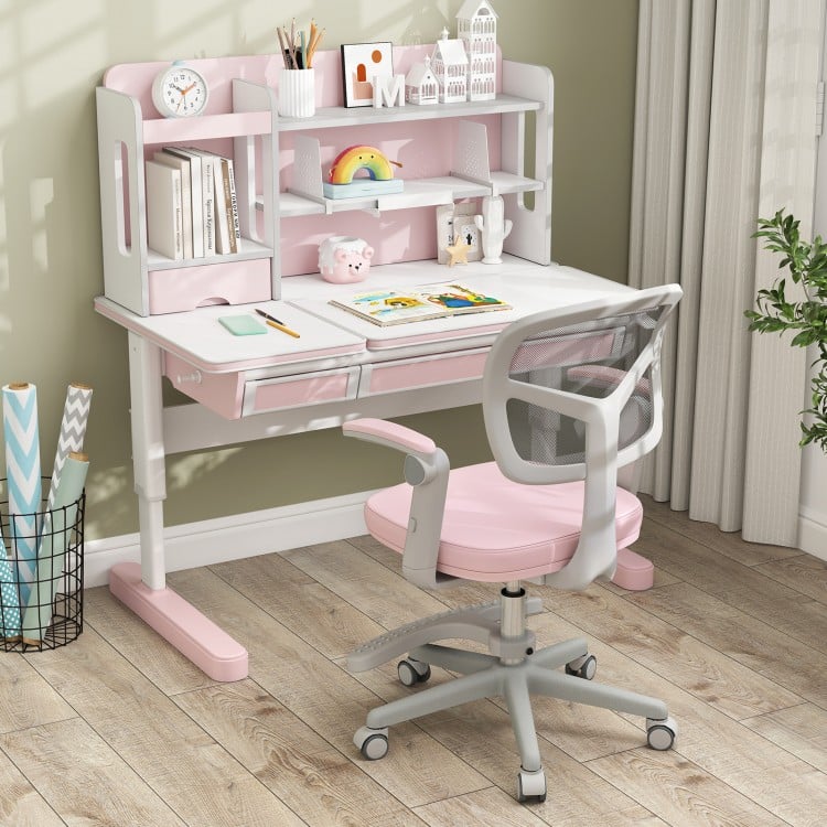 Kids study chair in pink with adjustable height, armrests, and footrest, designed for comfort and ergonomic support.