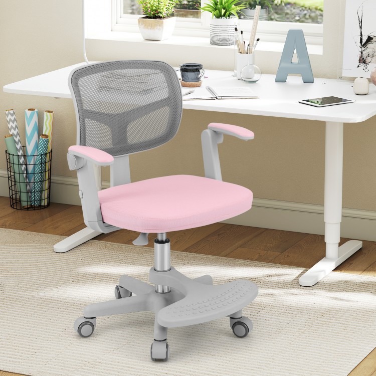 Kids desk chair in pink showcasing a swivel seat, ergonomic mesh backrest, and wide footrest for enhanced comfort and.