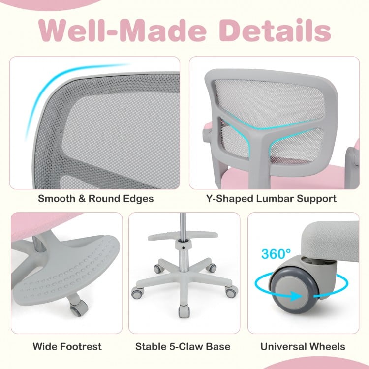 Kids desk chair in pink featuring adjustable height armrest, wide footrest, and ergonomic mesh backrest for comfort.