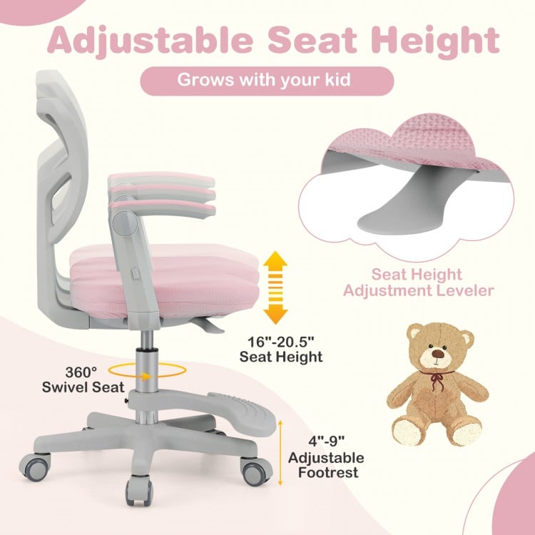 Kids desk chair in pink with adjustable seat height, swivel seat, and footrest for ergonomic comfort and support.