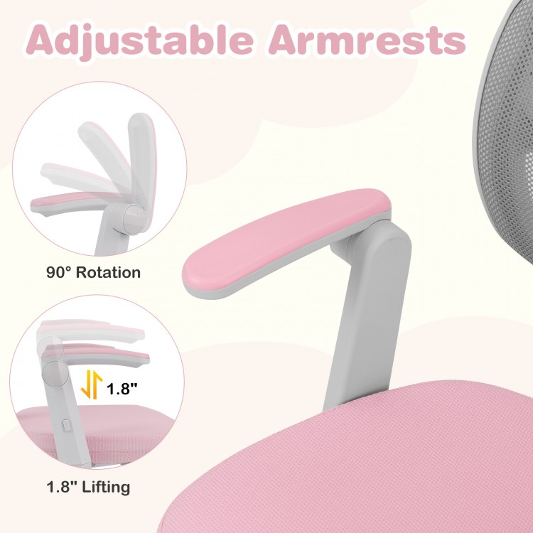 Adjustable armrest of a pink kids desk chair, featuring 90° rotation and 1.8" lifting for ergonomic comfort.