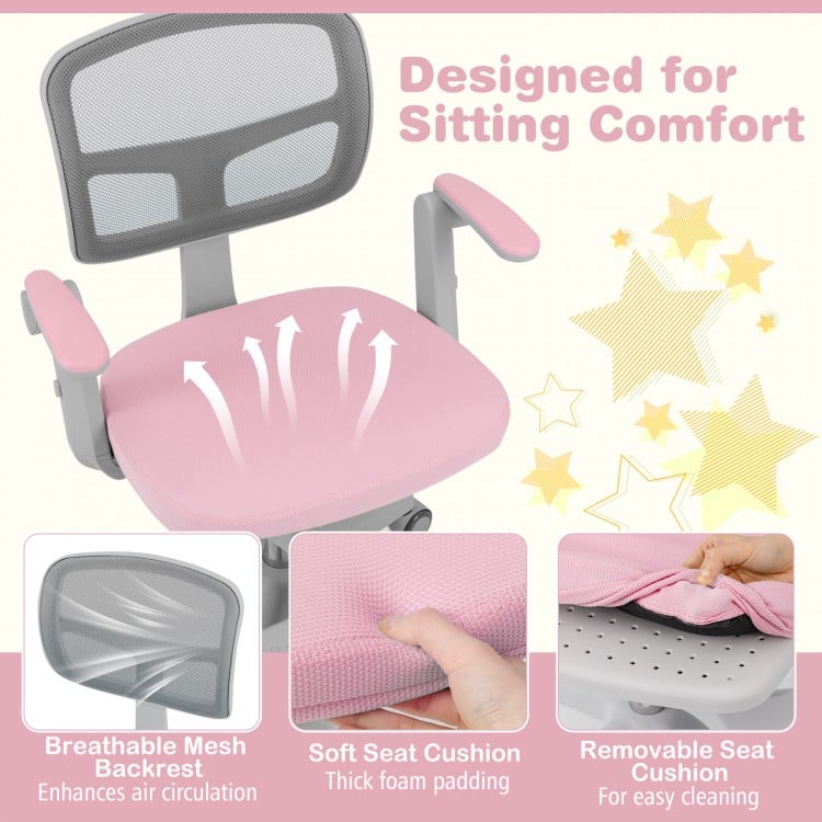 Kids desk chair in pink with breathable mesh backrest, adjustable height, and removable seat cushion for easy cleaning.