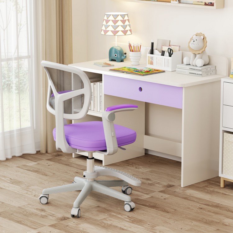 Kids desk chair in purple with adjustable height, armrests, and footrest, perfect for study and comfort.