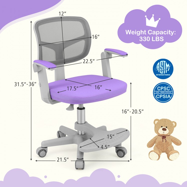 Purple kids desk chair with swivel seat and wide adjustable footrest, designed for growing children’s comfort and.