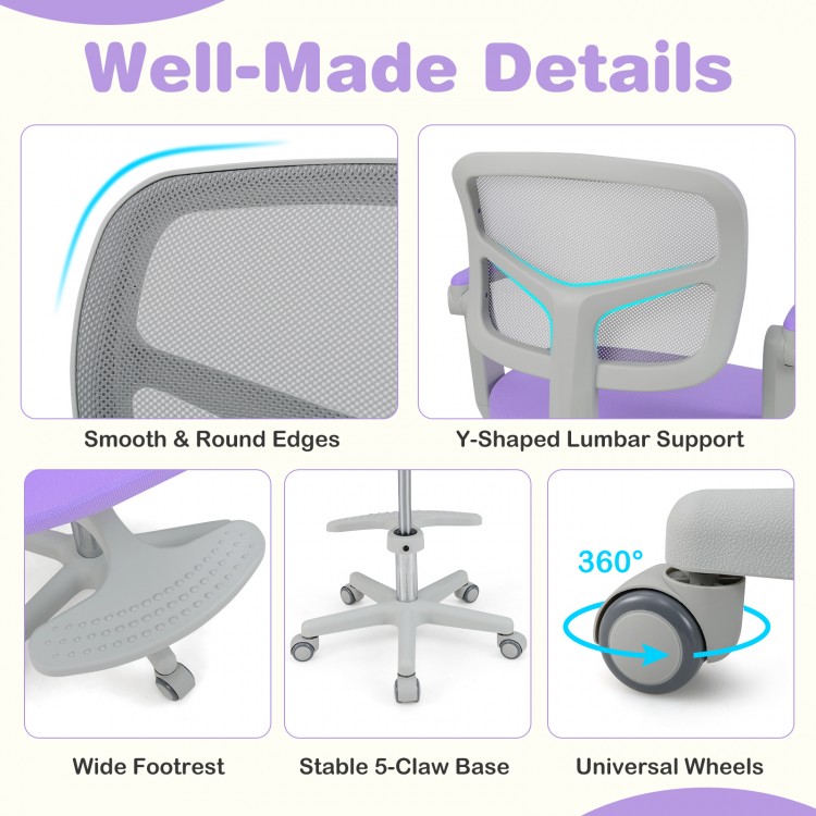 Kids desk chair in purple featuring adjustable height armrest, wide footrest, and ergonomic mesh backrest for comfort.