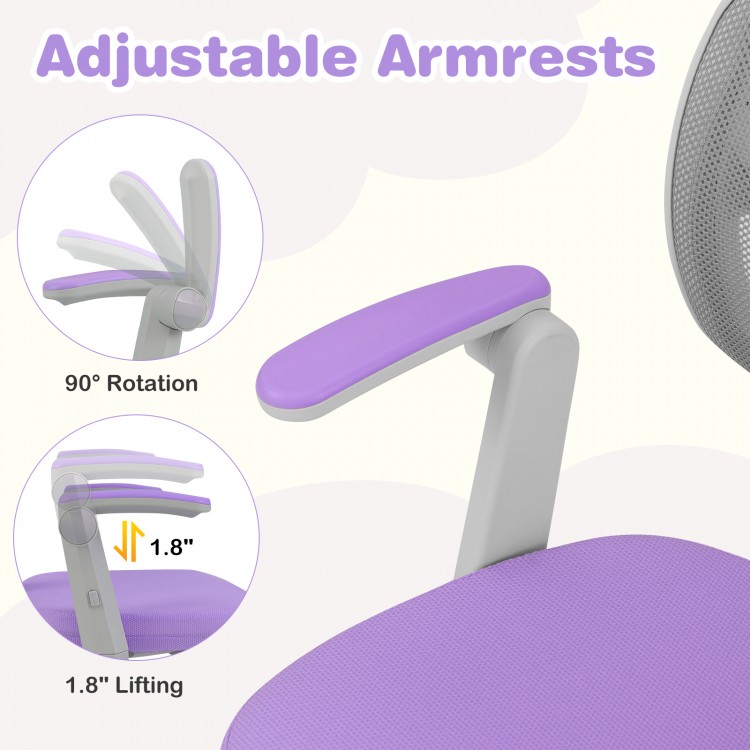 Adjustable armrest of the purple kids desk chair, featuring 90° rotation and 1.8" lifting for ergonomic comfort.
