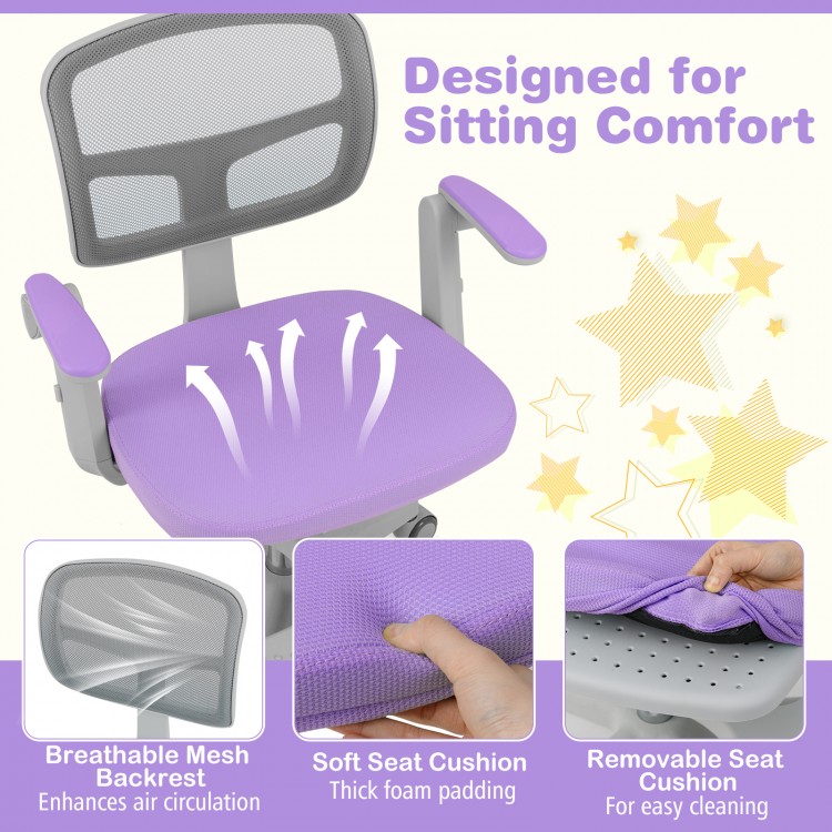 Kids desk chair in purple with adjustable height, breathable mesh backrest, and removable soft seat cushion for comfort.