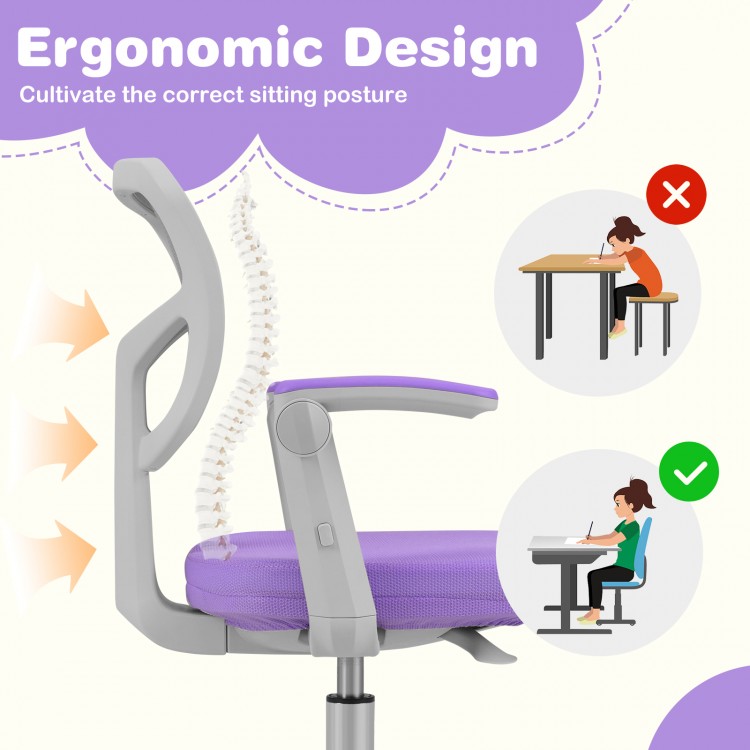 Kids desk chair in purple with ergonomic design, adjustable height armrests, and footrest for comfortable study.