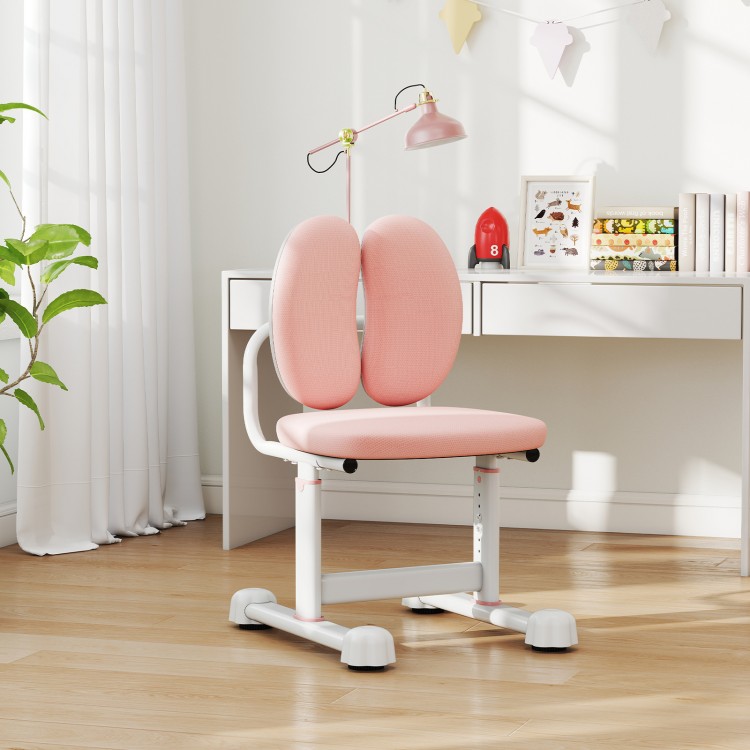 Kids desk chair in pink with dual back support, adjustable height, and sturdy frame for studying and reading.