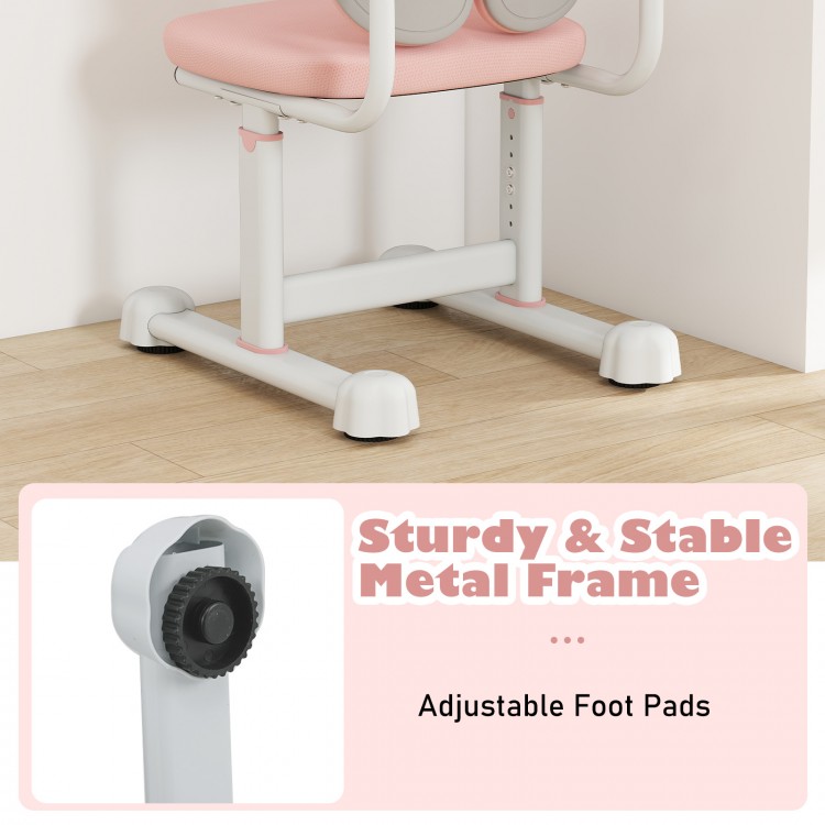 Kids desk chair with adjustable height, sturdy metal frame, and pink padded seat for ergonomic support.