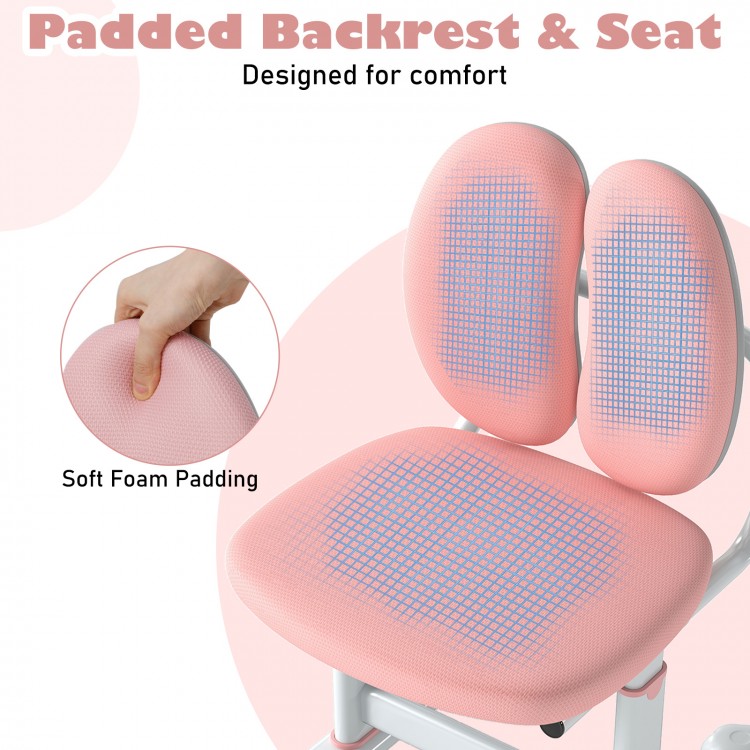 Kids desk chair in pink with soft foam padding, ergonomic dual back support, and adjustable height for comfort.