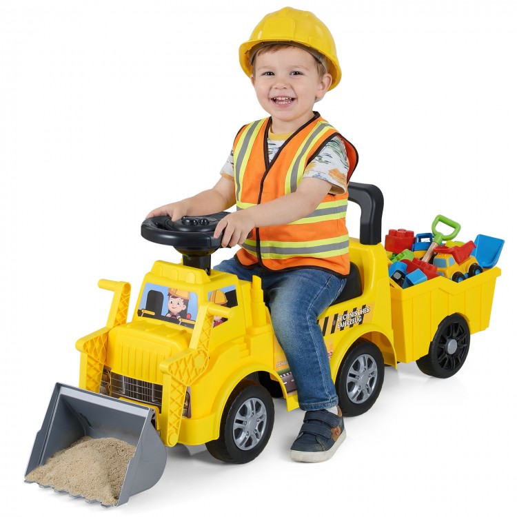 Kids digger ride-on truck in yellow with shovel, under-seat storage, and detachable trailer for outdoor play fun.