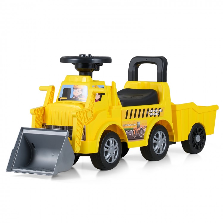 Kids digger ride-on truck in yellow with shovel, under-seat compartment, and detachable trailer for indoor and outdoor.
