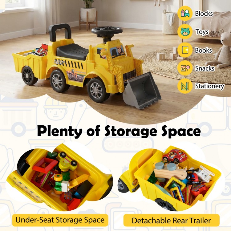 Kids digger ride-on truck with shovel, under-seat compartment, and detachable trailer for versatile indoor and outdoor.