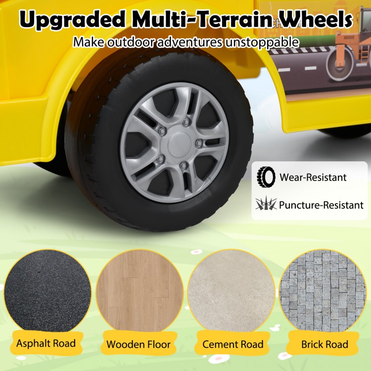 Close-up of upgraded multi-terrain wheels on a kids digger ride-on truck, designed for asphalt, wood, and cement roads.