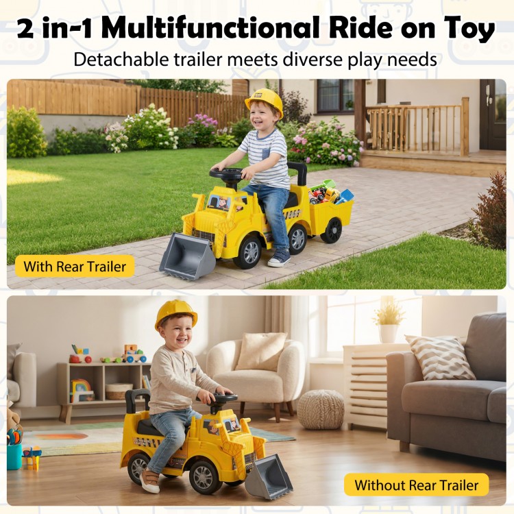 Kids digger ride-on truck with detachable trailer, shovel, and under-seat compartment for indoor and outdoor play.