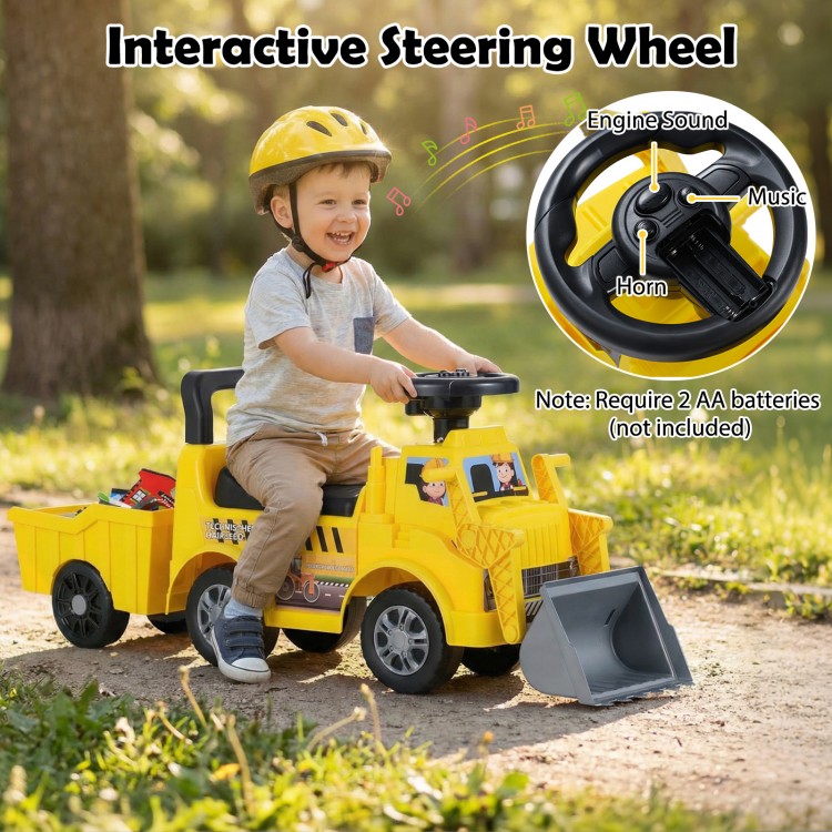 Kids digger ride-on truck with interactive steering wheel, shovel, and under-seat compartment for outdoor fun.