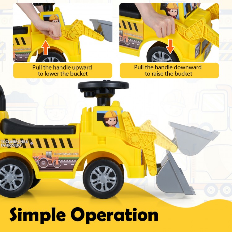 Kids digger ride-on truck showing the adjustable shovel mechanism for fun digging play, perfect for indoor and outdoor.