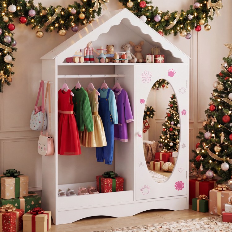 Kids dress-up storage wardrobe in white with a roof design, open hanging rack, and full-length mirror for organizing.