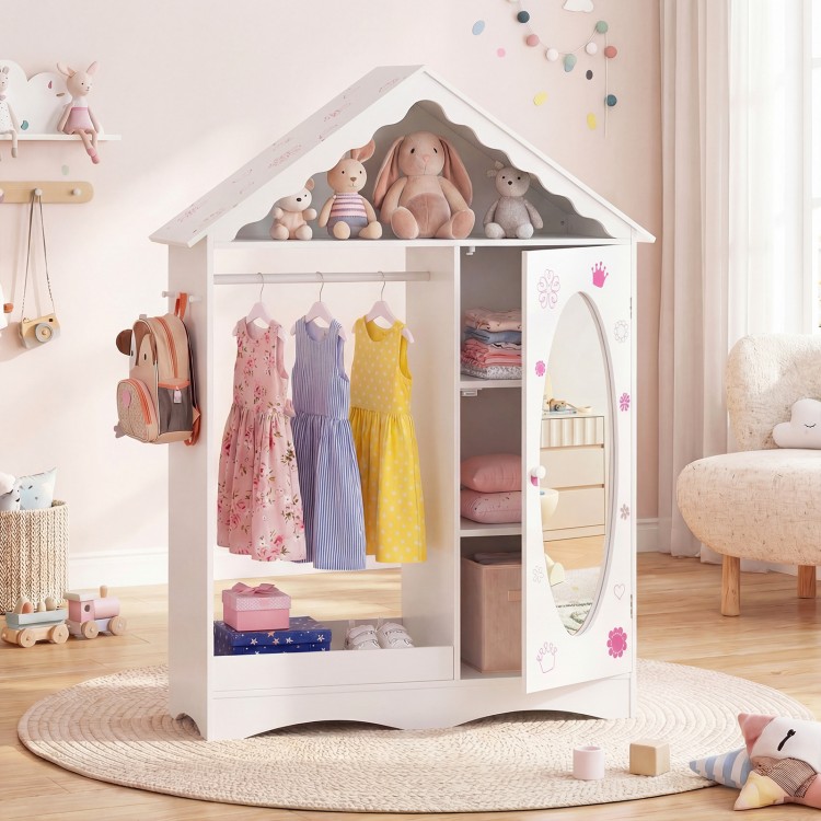 Kids dress-up storage wardrobe with a roof design, open hanging rack, and full-length mirror for organizing clothes.