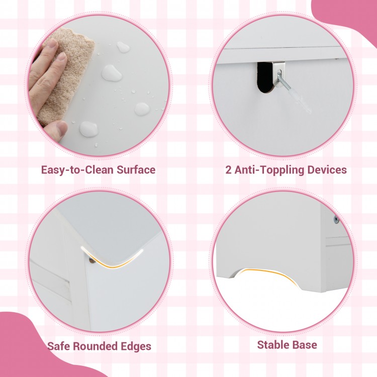 Close-up of the easy-to-clean surface of the white kids' wardrobe closet with rounded edges and anti-toppling devices.