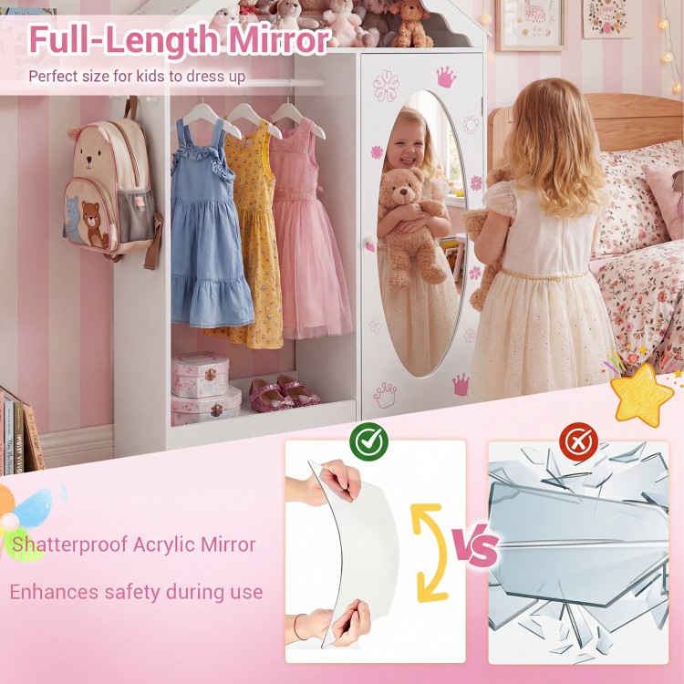 Kids dress-up wardrobe closet in white with full-length shatterproof acrylic mirror, perfect for organizing and safety.
