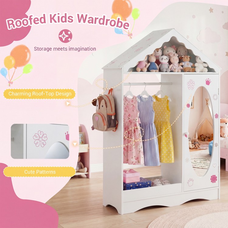 Roofed kids wardrobe in white with open hanging rack and full-length mirror, perfect for organizing and dressing up.
