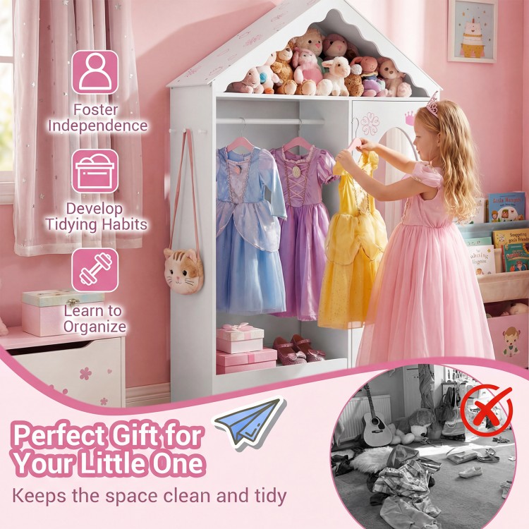 Kids dress-up storage wardrobe with mirror and open hanging rack, designed for organization and tidy play areas.