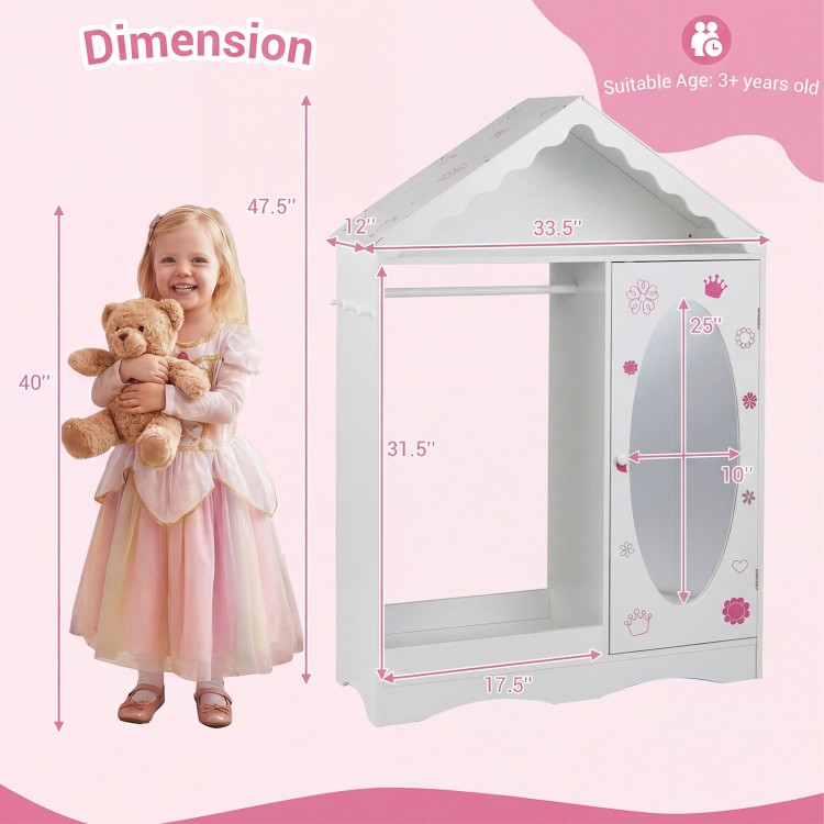 Kids dress-up storage wardrobe with mirror, open hanging rack, and charming roof design for organizing costumes.