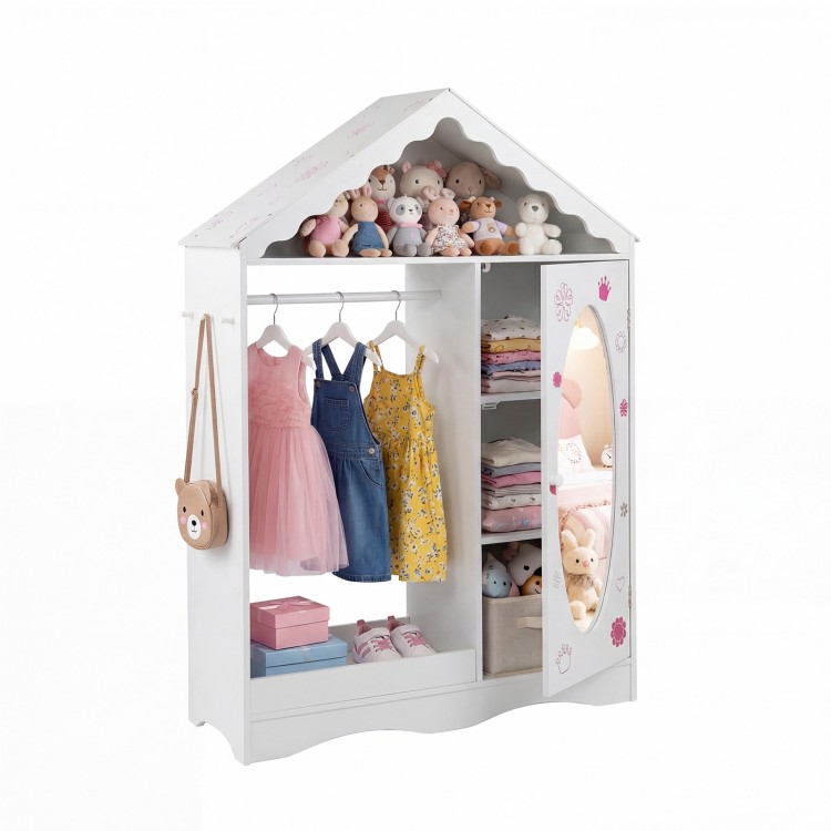 Kids dress-up storage wardrobe with roof design, open hanging rack, and full-length mirror for organizing clothes and.