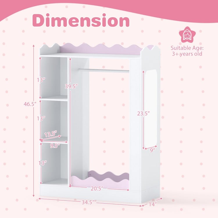 Kids dress up storage with mirrors, hanging rack, and shelves in pink, featuring dimensions for bedroom organization.