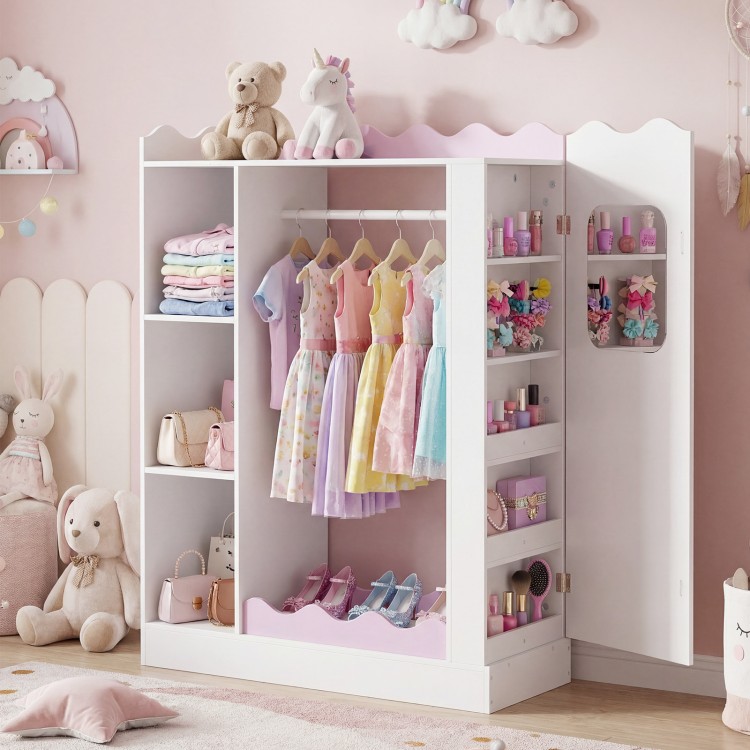Kids dress up storage in pink with hanging rack, shelves, and full-length mirror for organized play and dressing.