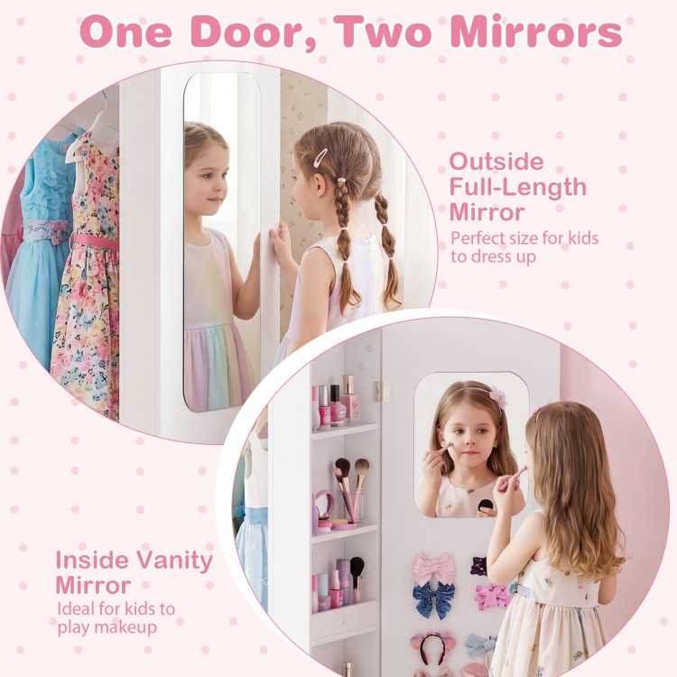 Kids dress up storage in pink featuring full-length and vanity mirrors, perfect for organizing and playing makeup.