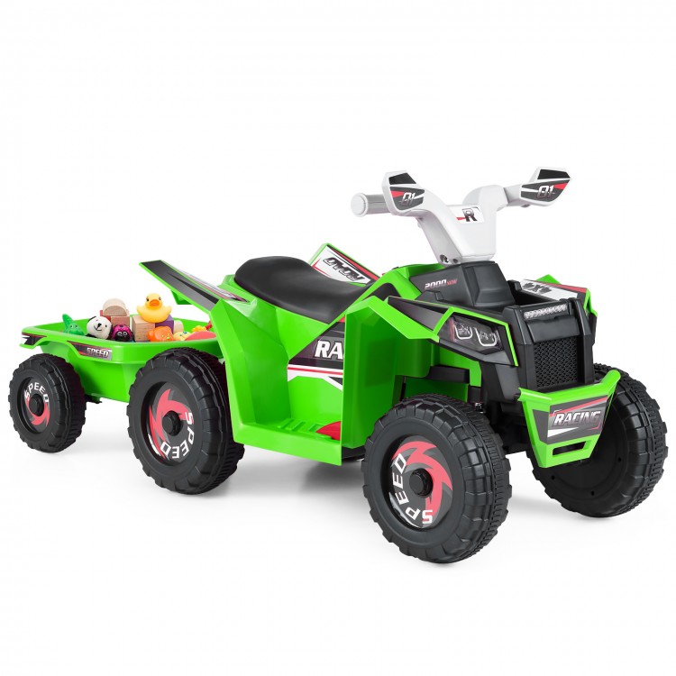 Green 6V kids electric ATV quad car with detachable trailer, designed for outdoor fun and suitable for ages 3+.