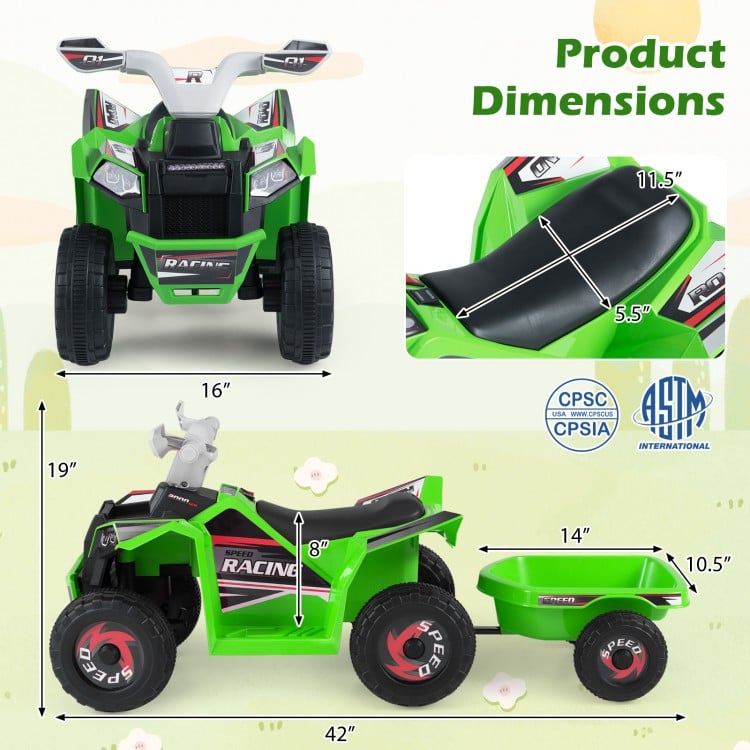 Green 6V Kids Electric ATV Quad Car with detachable trailer, featuring dimensions for safe and fun outdoor driving.