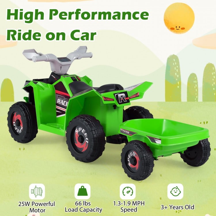 Green 6V kids electric ATV quad car with detachable trailer, featuring multi-terrain wheels for outdoor fun. Suitable.