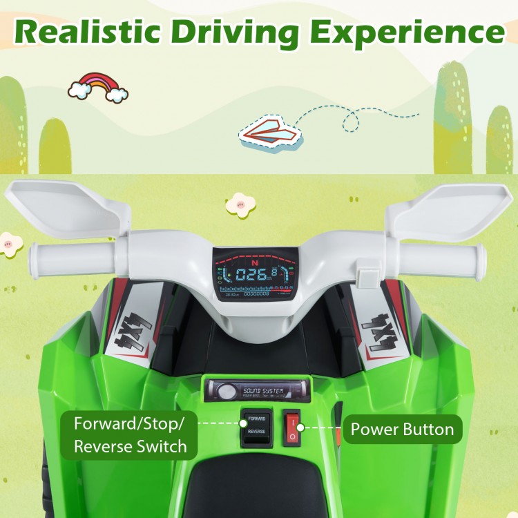 Green 6V Kids Electric ATV Quad Car dashboard with power button and forward/reverse switch for realistic driving fun.