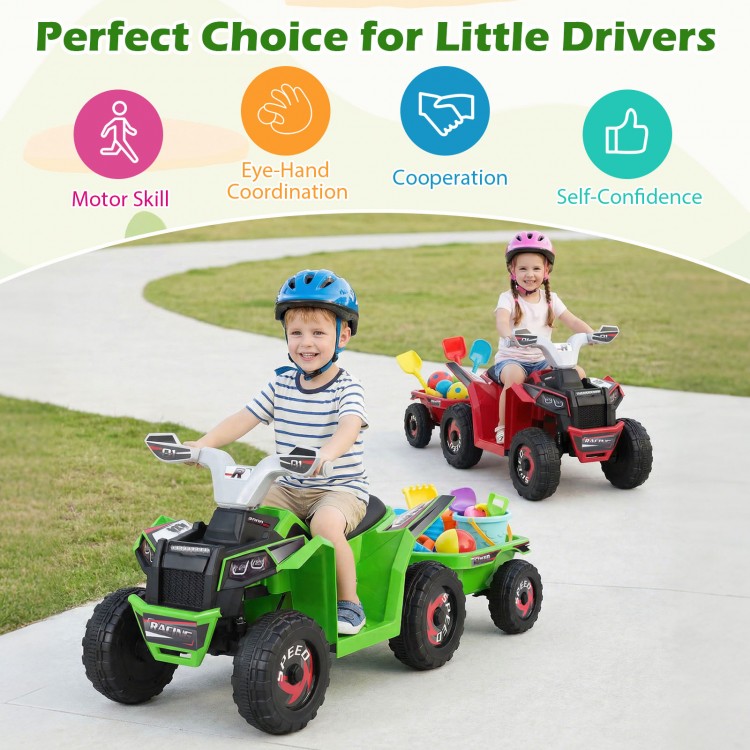 Kids riding a green 6V electric ATV quad car with detachable trailer, promoting motor skills and outdoor fun.